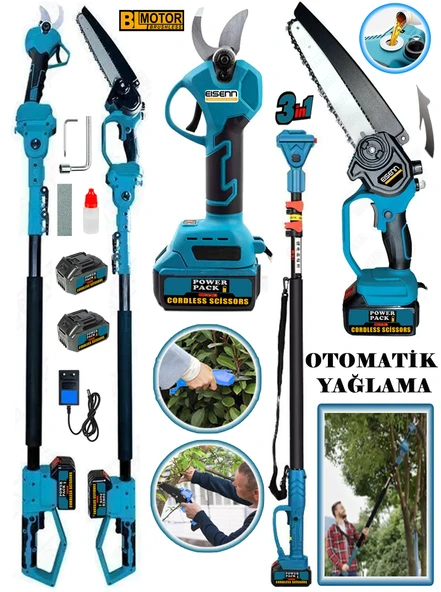 Eisenn German Blue 3 Lü Budama Set Brussles Motor Yağ Pompalı Zincirli Dal Kesme + Budama Makası + Teleskop ürün görseli 1