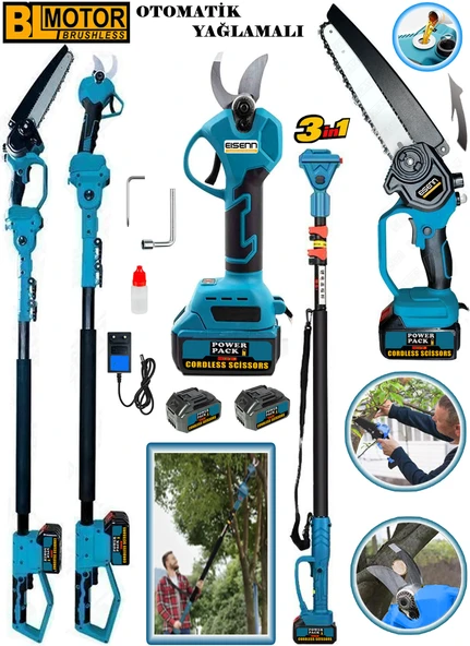 Eisenn German Brussles Motor Blue 3 Lü Budama Set Budama Makası + Yağ Pompalı Zincirli Dal Kesme + Teleskop ürün görseli 1