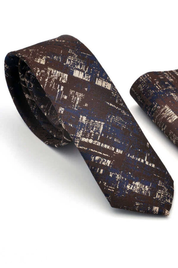 Bej Lacivert Motif Desenli Kahverengi Dokuma Kumaş Mendilli Slim Fit Kravat  / SDK-220710 ürün görseli 1