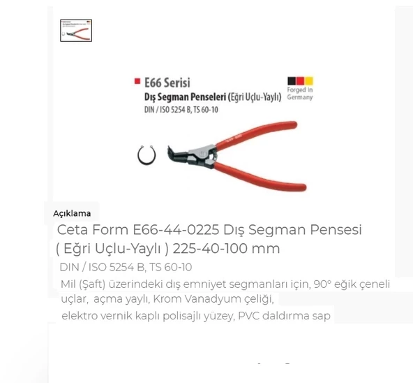 Ceta Form E66-44-0225 Dış Segman Pensesi Eğri Uçlu-Yaylı 225- ürün görseli 1