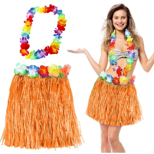 Periboia Hawaii Luau Aloha Turuncu Püsküllü 40 cm Etek ve Hawaii Kolye Seti ürün görseli 1