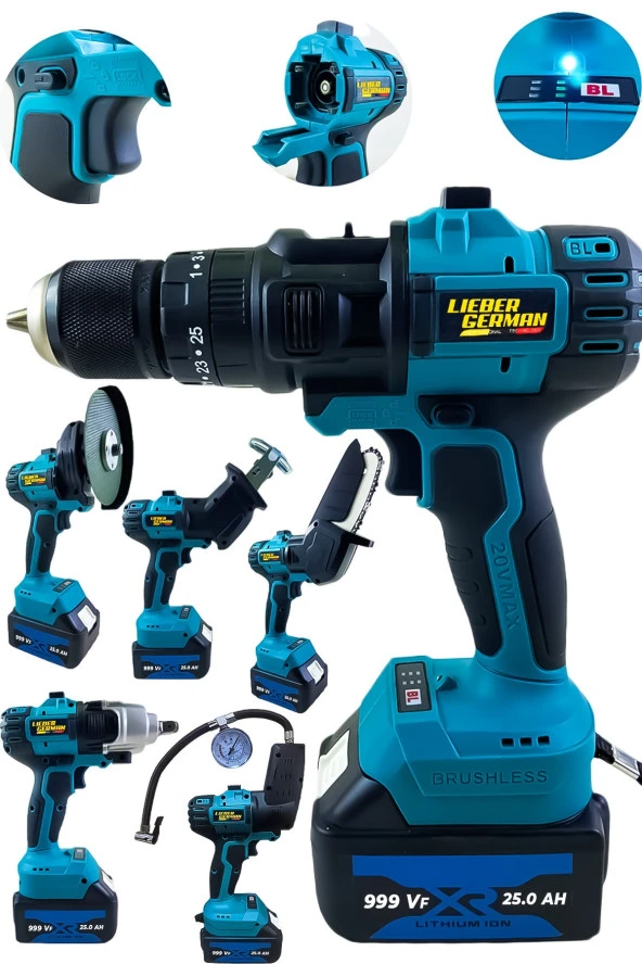 Lieber German 21Volt 3Ah 6Lı Set Şarjlı Matkap Testere Tilki Kuyruğu Taşlama Somun Sökme Lastik Şişirme ürün görseli 1