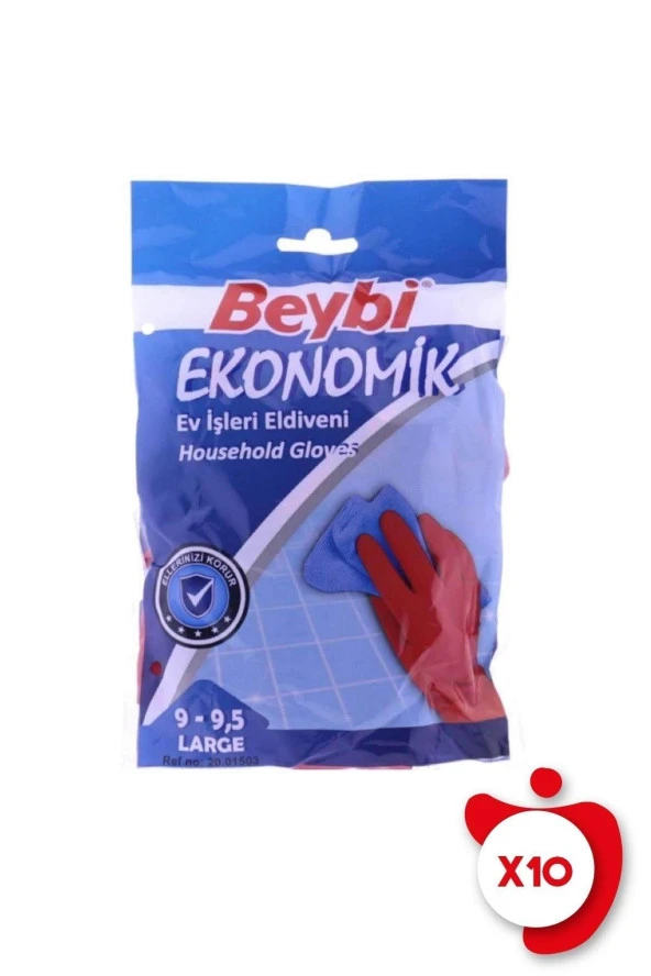 Beybi Ekonomik Ev Işleri Ve Bulaşık Eldiveni 9-9,5 Beden Kırmızı 10 Paket ürün görseli 1
