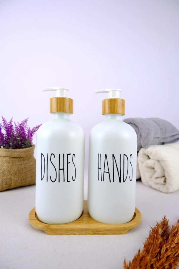 Digithome 2’li Ahşap Standlı Cam Sıvı Sabun ve Bulaşık Deterjanı Şişesi Sabunluk Beyaz 500 Ml - G/13 C1-1-289 ürün görseli 1