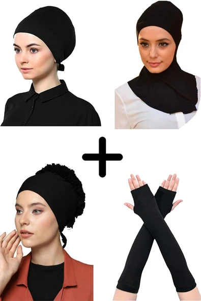 Kadın Penye Boyunluklu Bone Namaz Kolluğu Fırfırlı Bone Düz Bone Siyah 4'lü Set ürün görseli 1