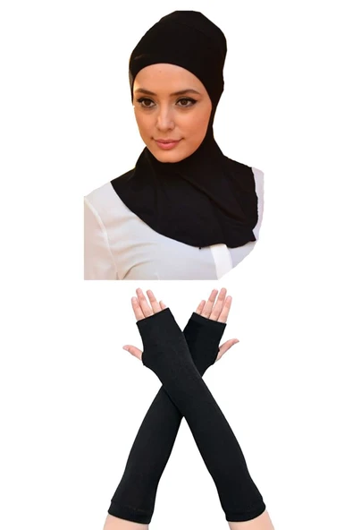 Kadın Penye Namaz Kolluğu Boyunluklu Bone 2'li Set Siyah ürün görseli 1