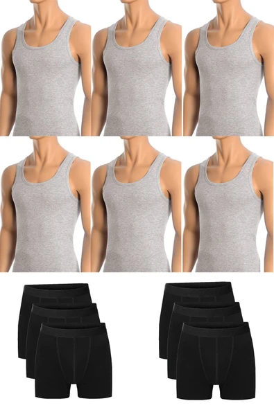 Erkek Pamuklu 6'lı Gri Atlet ve 6'lı Siyah Boxer 12 Parça Set ürün görseli 1