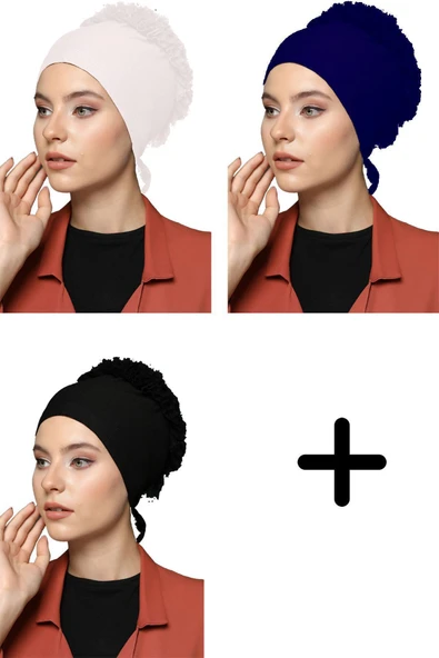 Kadın Penye Fırfırlı Bone Siyah Beyaz Lacivert 3'lü Set ürün görseli 1