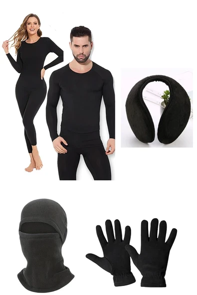 Unisex Termal Içlik Alt Üst Takım Polar Maske Polar Eldiven Set ürün görseli 1
