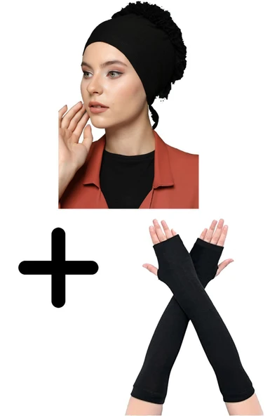 Kadın Penye Fırfırlı Bone Namaz Kolluğu Siyah 2'li Set ürün görseli 1
