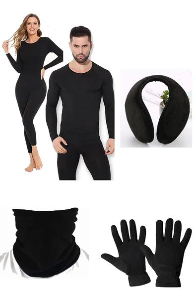 Unisex Termal İçlik Alt Üst Takım Polar Boyunluk Polar Eldiven Polar Kulaklık Set Siyah ürün görseli 1