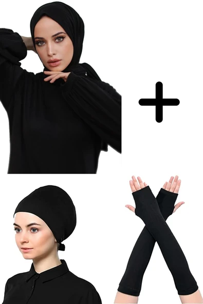 Kadın Penye Şal Düz Bone Namaz Kolluğu Siyah 3'lü Set ürün görseli 1