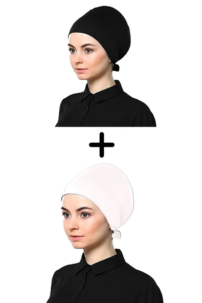 Kadın Penye Bağlamalı Düz Bone Siyah Beyaz 2'li Set ürün görseli 1
