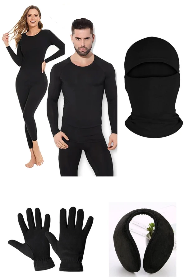 Unisex Termal İçlik Alt Üst Takım Polar Eldiven Polar Kulaklık Termal Maske Set Siyah ürün görseli 1