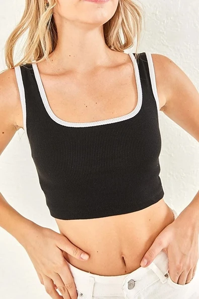 Kadın Siyah Yanı Çizgili Kare Yaka Top Crop Büstiyer ürün görseli 1