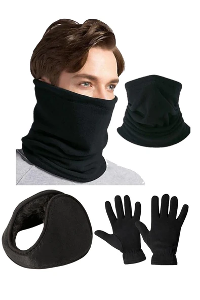 Polar Boyunluk Polar Kulaklık Polar Eldiven Siyah Set ürün görseli 1