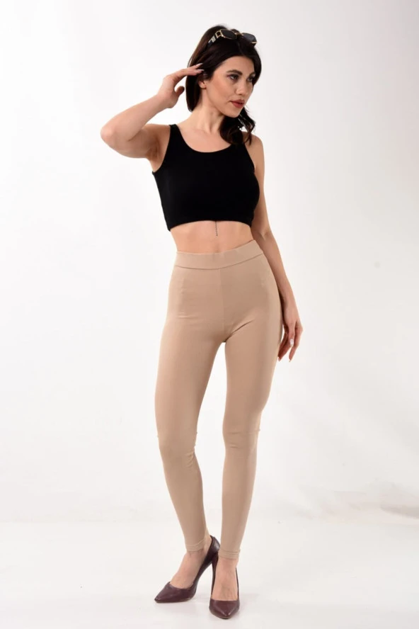 Fitilli Tayt Çizgili Toparlayıcı Spor Tayt Sütlü Kahve Bej ürün görseli 1