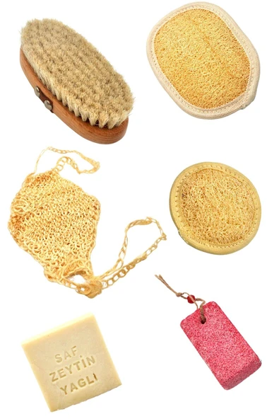 6'lı Banyo Seti Doğal Kabak Lifi + Zeytinyağlı Sabun +At Kılı Masaj Fırçası + Topuk Taşı // Set6 ürün görseli 1