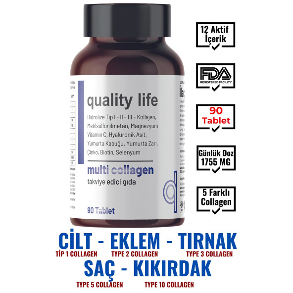 Multi Collagen 90 Tablet - Tip 1-2-3-5-10 Kolajen MSM Magnezyum C Vitamini Yumurta Kabuğu Zarı Çinko ürün görseli 1
