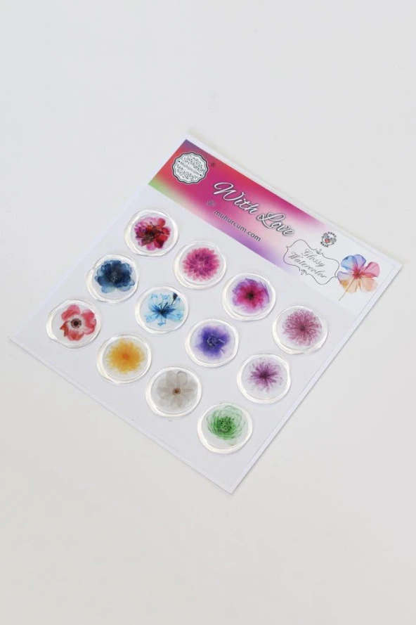 Mühürcüm 12 Adet Hazır Kendinden Yapışkanlı Parlak Sulu Boya Sticker Mühür KYSM103 ürün görseli 1