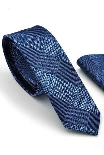 Mavi Lacivert Ekose Desenli Dokuma Kumaş Mendilli Slim Fit Kravat  / SDK-220708 ürün görseli 1