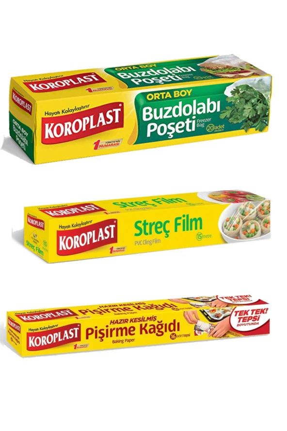 KOROPLAST 3Lü Paket Buzdolabı Poşeti 20 Li + Hazır Kesim Pişirme Kağıdı 16 Lı +Streç Film 15 M ürün görseli 1