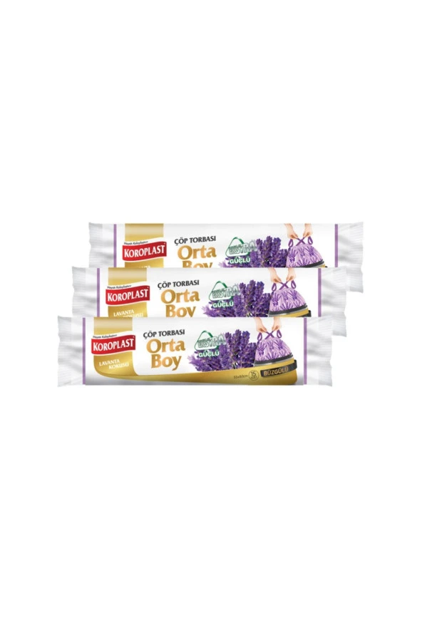 SARCİNA Koroplast Ekstra Güçlü Orta Boy Lavanta Kokulu Büzgülü Çöp Torbası 55X60Cm - 15'Li X 3 Ad. ürün görseli 1
