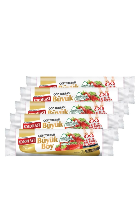 SARCİNA Koroplast Ekstra Güçlü Büyük Boy Çilek Kokulu Büzgülü Çöp Torbası 65X70Cm - 10'Lu X 5 Ad. ürün görseli 1