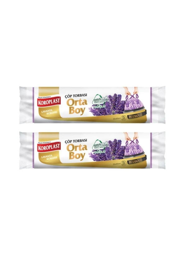SARCİNA Koroplast Ekstra Güçlü Orta Boy Lavanta Kokulu Büzgülü Çöp Torbası 55X60Cm - 15'Li X 2 Ad. ürün görseli 1