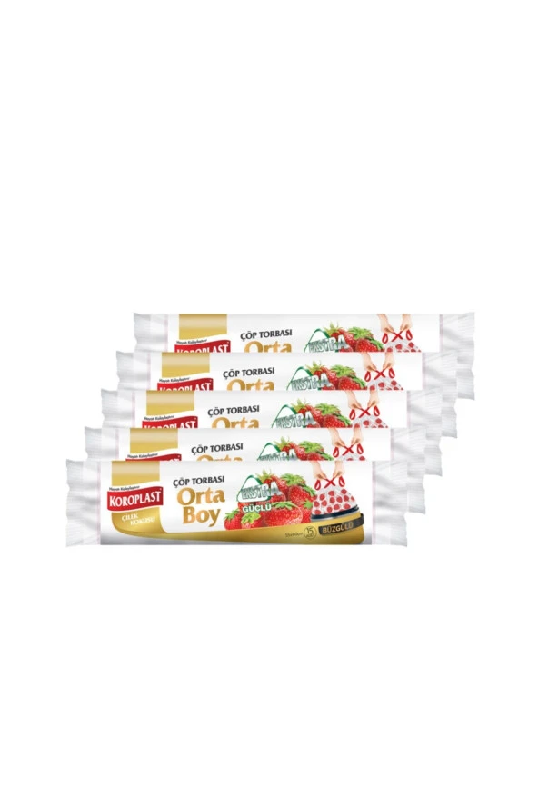 SARCİNA Koroplast Ekstra Güçlü Orta Boy Çilek Kokulu Büzgülü Çöp Torbası 55X60Cm - 15'Li X 5 Ad. ürün görseli 1