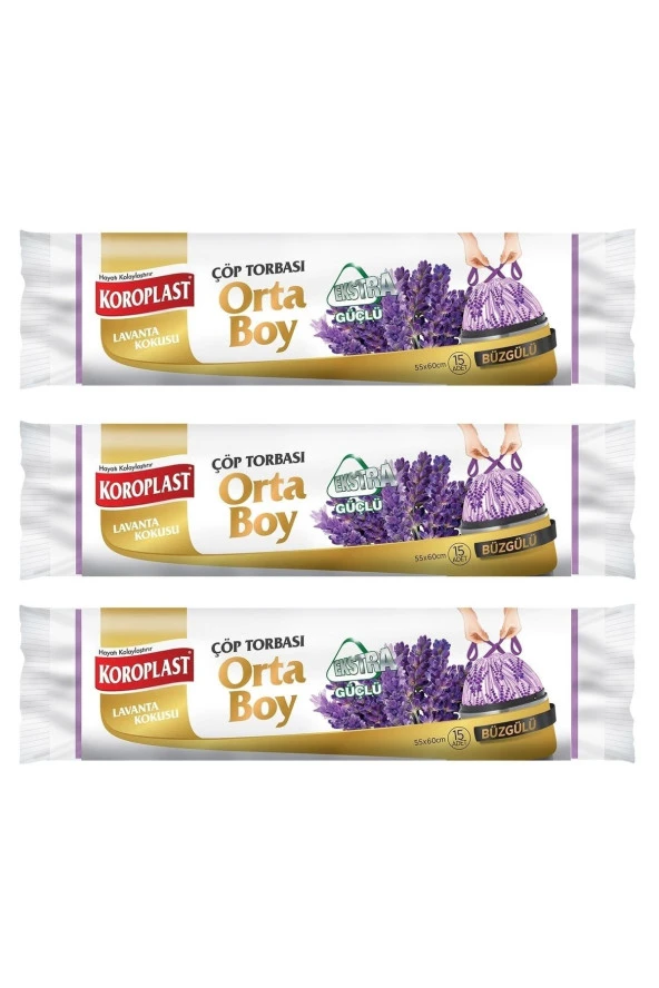 KOROPLAST Ekstra Güçlü Lavanta Büzgülü Orta Boy Çöp Torbası 15'Li X 3 Paket ürün görseli 1