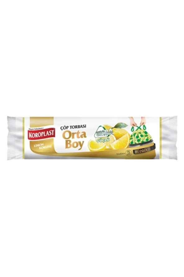 KOROPLAST Ekstra Güçlü Büzgülü Çöp Poşeti Orta Boy 55 X 60 Cm 15 Adet - Sarı ürün görseli 1
