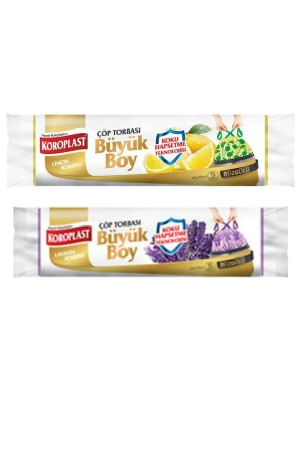 KOROPLAST Ekstra Güçlü Limon Büzgülü Büyük Çöp Poşeti + Ekstra Güçlü Lavanta Büzgülü Büyük ürün görseli 1