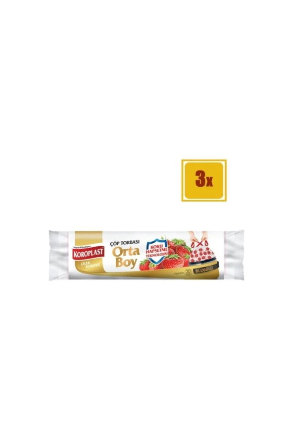 KOROPLAST Çilek Kokulu Büzgülü Orta Boy Çöp Torbası 3'Lü Set ürün görseli 1