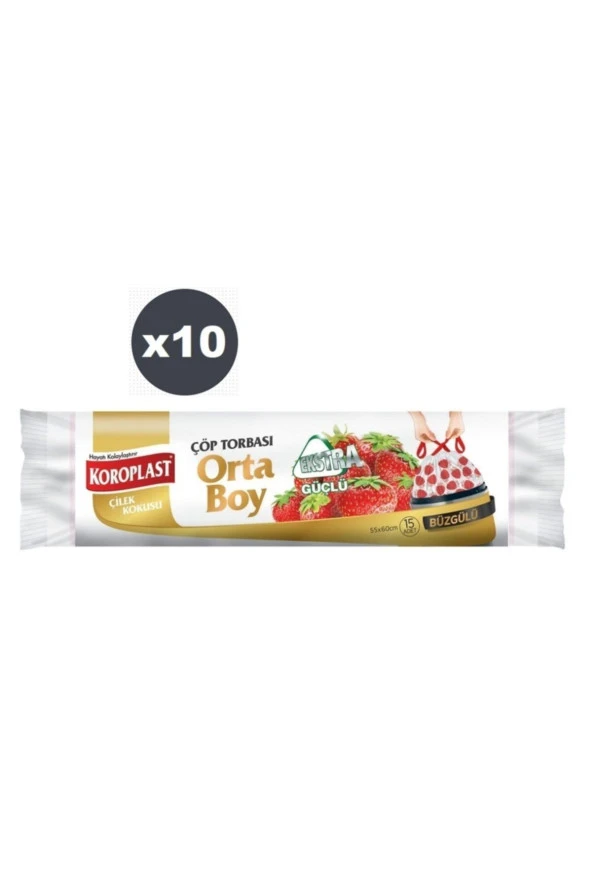 KOROPLAST Ekstra Güçlü Çilek Büzgülü Orta Boy 15Li Çöp Torbası X 10 Paket ürün görseli 1