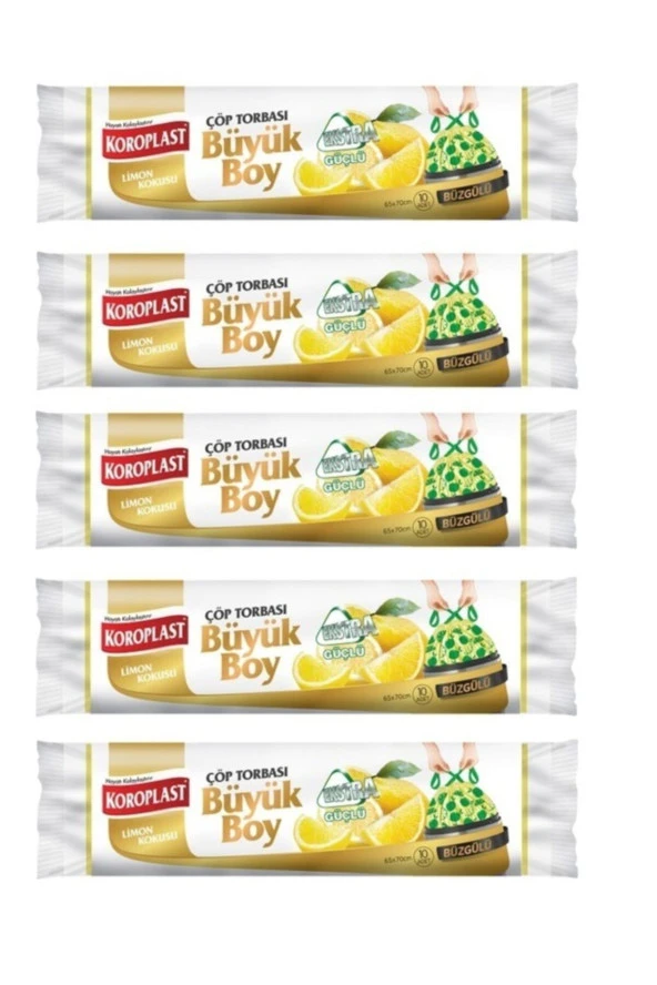 KOROPLAST Ekstra Güçlü Limon Büzgülü Büyük Boy 10Lu Çöp Torbası X 5 Paket ürün görseli 1
