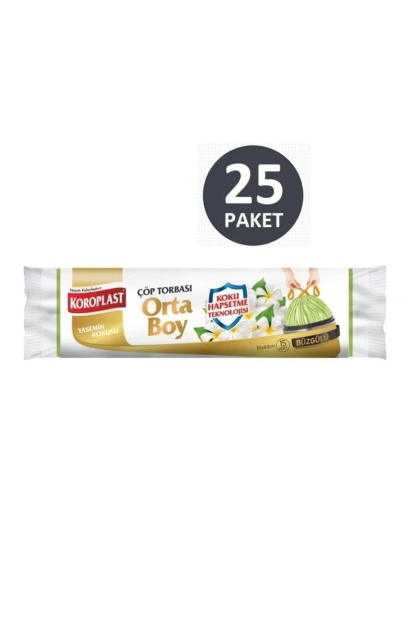 KOROPLAST Koku Hapsetme Yasemin Büzgülü Orta Boy Çöp Torbası X 25 Paket 15Li ürün görseli 1