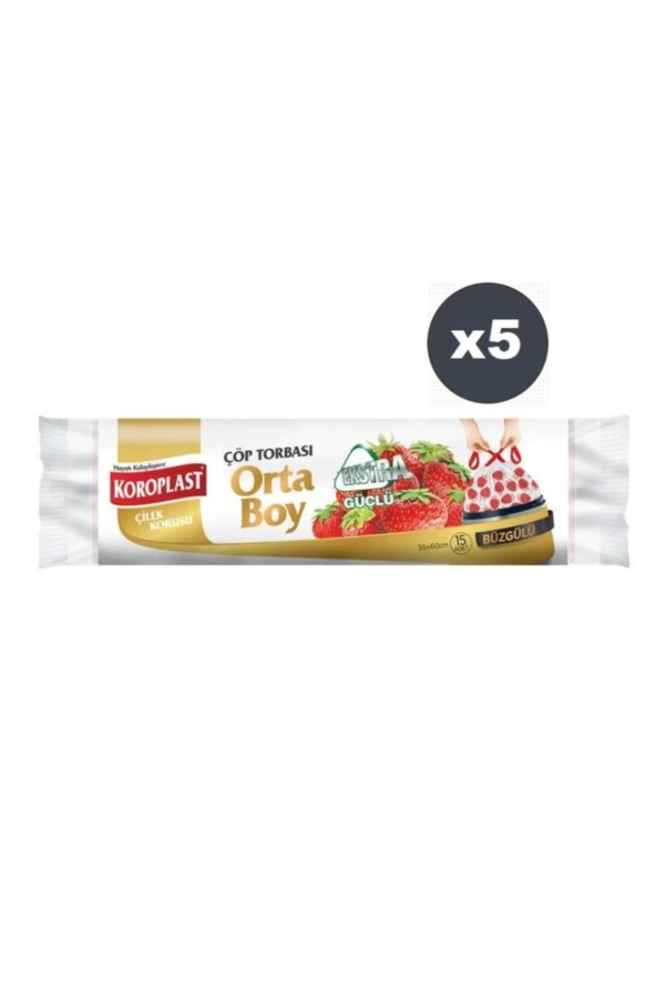 KOROPLAST Ekstra Güçlü Çilek Büzgülü Orta Boy 15Li Çöp Torbası X5 Paket ürün görseli 1