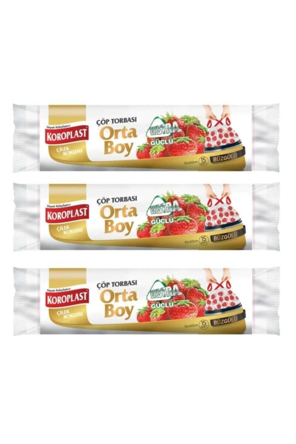 KOROPLAST Ekstra Güçlü Çilek Büzgülü Orta Boy 15Li Çöp Torbası X3 Paket ürün görseli 1