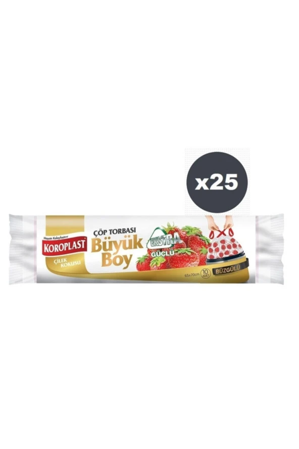 KOROPLAST Ekstra Güçlü Çilek Büzgülü Büyük Boy 10Lu Çöp Torbası X 25 Paket ürün görseli 1