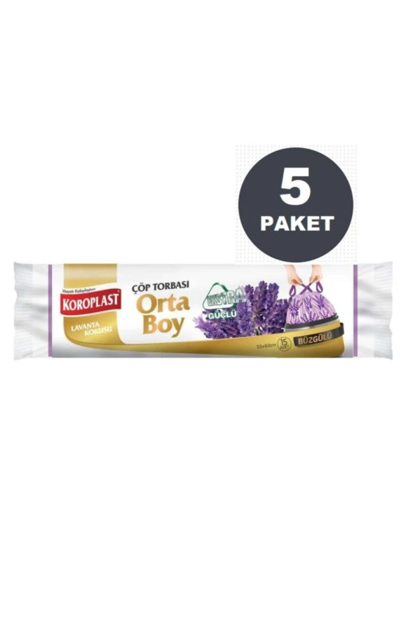 KOROPLAST Ekstra Güçlü Lavanta Büzgülü Orta Boy Çöp Torbası 15'Li  X 5 Paket (55X60 Cm) ürün görseli 1