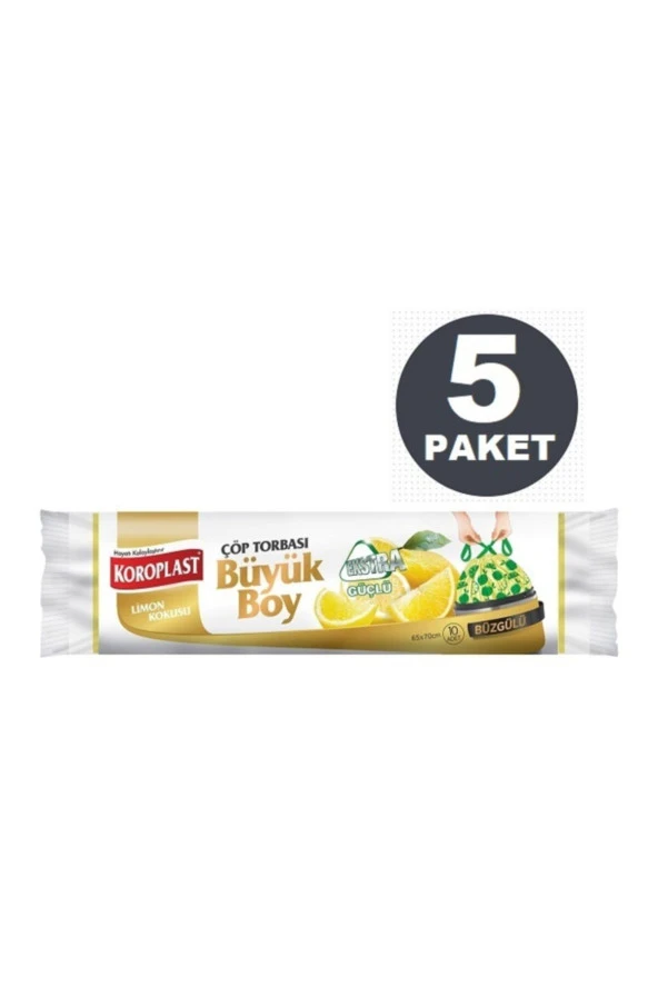 KOROPLAST Ekstra Güçlü Limon Büzgülü Büyük Boy 10Lu Çöp Torbası X 5 Paket ürün görseli 1