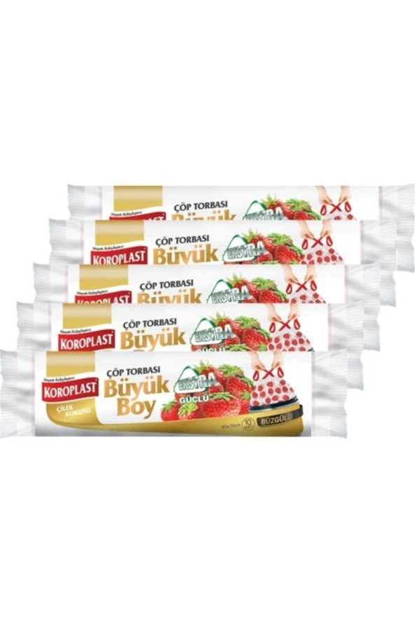KOROPLAST Ekstra Güçlü Çilek Büzgülü Büyük Boy 10Lu Çöp Torbası X 5 Paket ürün görseli 1