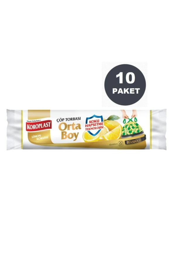 KOROPLAST Ekstra Güçlü Limon Büzgülü Orta Boy 15Li Çöp Torbası X 10 Paket ürün görseli 1