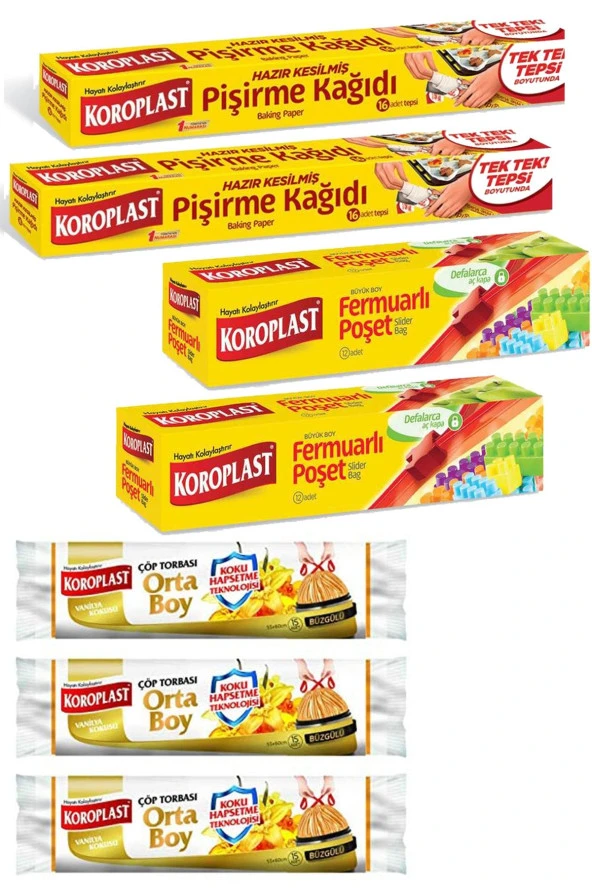 KOROPLAST Fermuarlı Baskılı Poşet X2+ Hazır Kesim Pişirme Kağıdı X2+Vanilya Büzgülü Çöp Poşeti X3 ürün görseli 1