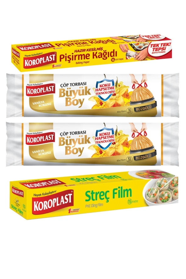 KOROPLAST Fırsat Paketi Pişirme Kağıdı Streç Film, Vanilya Kokulu Büzg. Büyük Boy Çöp Torbası ürün görseli 1
