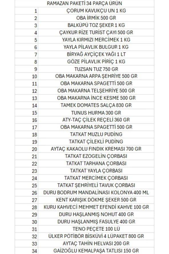 DURU Ramazan Paketi Kumanya Yardım Gıda Erzak Kolisi Lüks Paket 34 Ürün ürün görseli 1