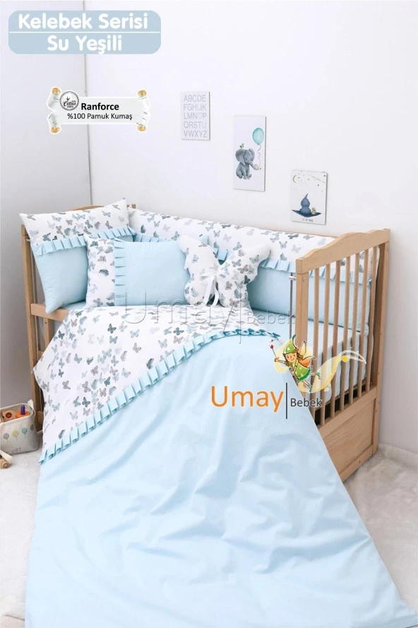 Umaybebek 60x120, Bebek Nevresim Takımı, Dolgu Korumalık, Düz Çarşaf - %100 Pamuk-Su Yeşili Kelebek ürün görseli 1