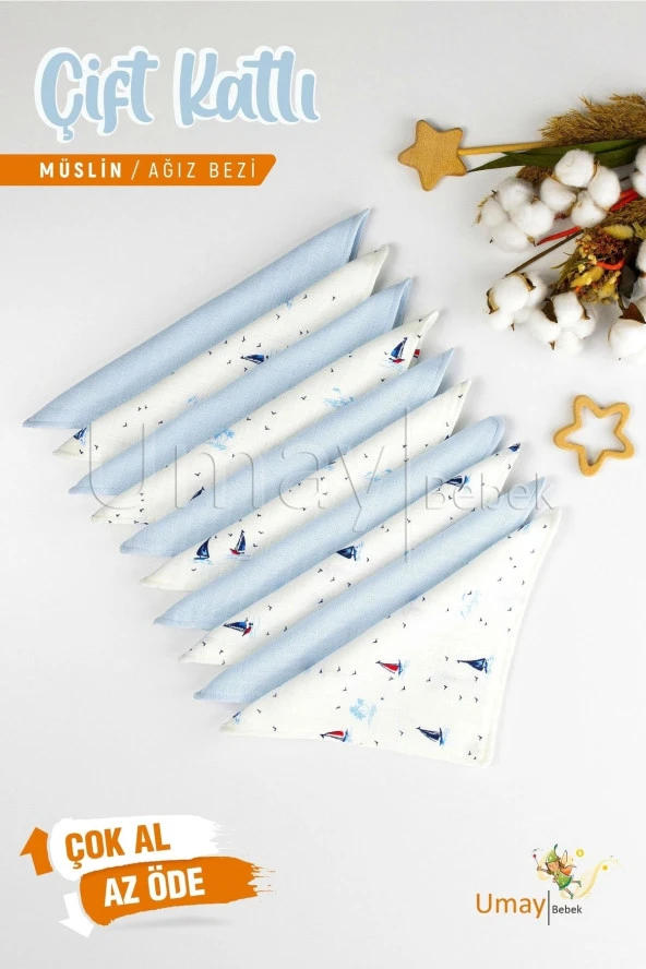 Umaybebek 10'lu Müslin Ağız Bezi Mendili 25x25cm-Mavi Yelken ürün görseli 1