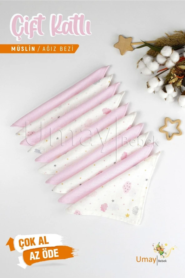 Umaybebek 10'lu Müslin Ağız Bezi Mendili 25x25cm-Pembe Bulut ürün görseli 1